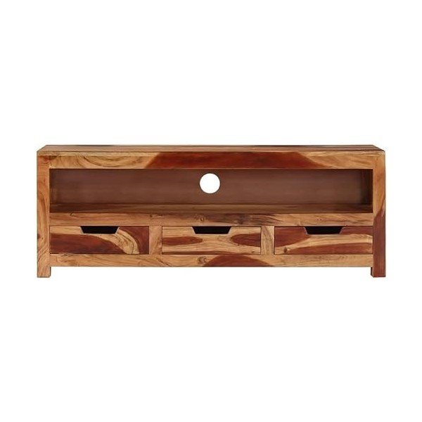 Suuim Meuble TV en Bois avec 1 étagère et 3 tiroirs, Centre de Divertissement en Bois Massif dacacia, Console TV, Meuble mul