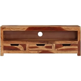 Suuim Meuble TV en Bois avec 1 étagère et 3 tiroirs, Centre de Divertissement en Bois Massif dacacia, Console TV, Meuble mul