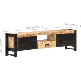 Suuim Meuble TV en Bois avec 2 Portes, Un tiroir et Une étagère, Centre de Divertissement en Bois de manguier Brut, Console T