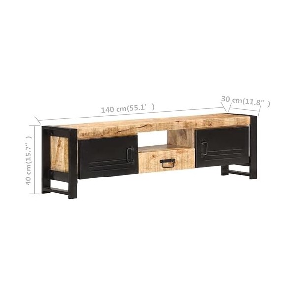 Suuim Meuble TV en Bois avec 2 Portes, Un tiroir et Une étagère, Centre de Divertissement en Bois de manguier Brut, Console T