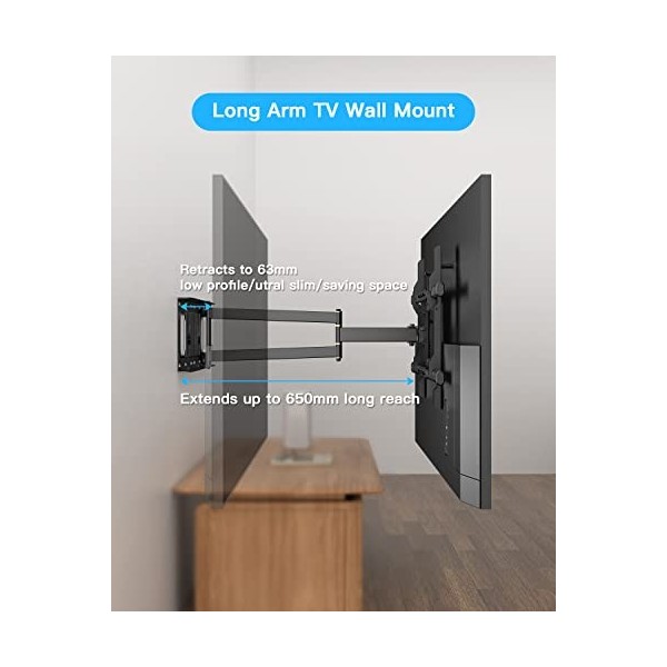 WHYFONE Support Mural TV Longue Portée avec Extension de 650mm, Support TV Mural Pivotant Inclinable et Extensible pour Télév