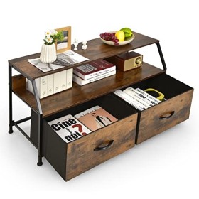 GOPLUS Meuble TV 93 cm, Banc TV Centre de Divertissement Industriel avec 2 Étagères Ouvertes et 2 Tiroirs Pliants en Tissu, T