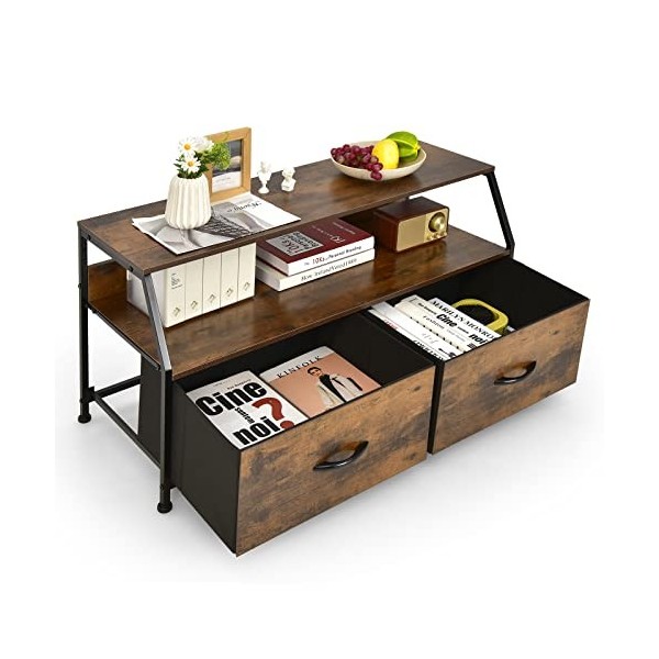 GOPLUS Meuble TV 93 cm, Banc TV Centre de Divertissement Industriel avec 2 Étagères Ouvertes et 2 Tiroirs Pliants en Tissu, T