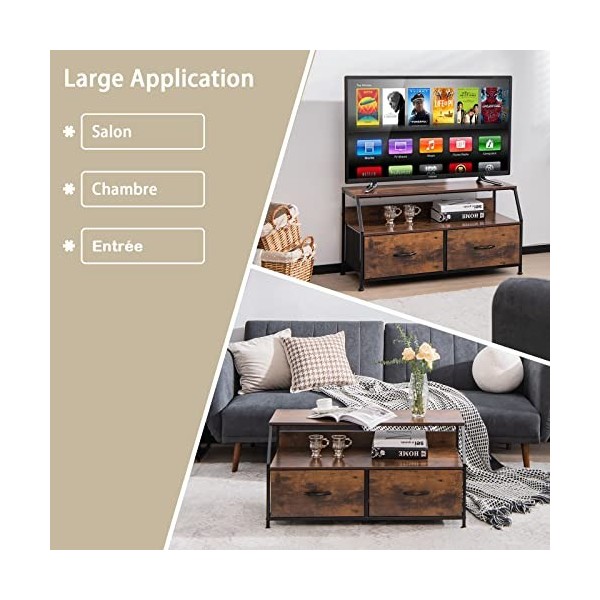 GOPLUS Meuble TV 93 cm, Banc TV Centre de Divertissement Industriel avec 2 Étagères Ouvertes et 2 Tiroirs Pliants en Tissu, T