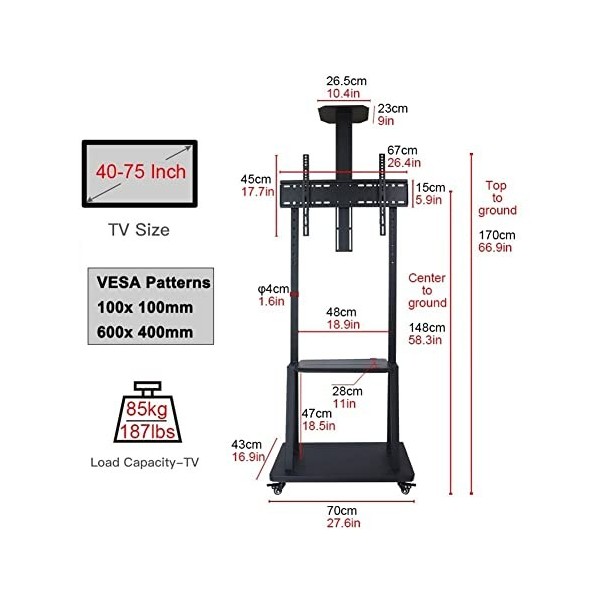 Meuble TV Haut au Sol pour écran TV 50 55 65 70 75 Pouces, Meuble TV Mobile pour Chambre à Coucher, Salon, Chariot TV Roulant