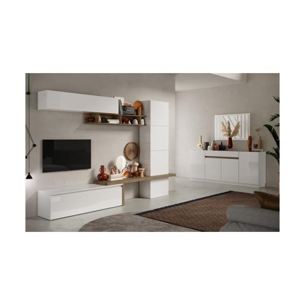 PRICE FACTORY just for you Ensemble de Meubles de Salon Collection FANZY 4 Portes. Coloris Blanc Brillant laqué et chêne