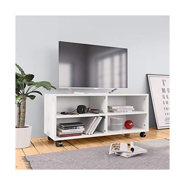 Tidyard Meuble TV avec 4 Compartiments Ouverts en Aggloméré avec roulettes Style Moderne Blanc 90 x 35 x 35 cm