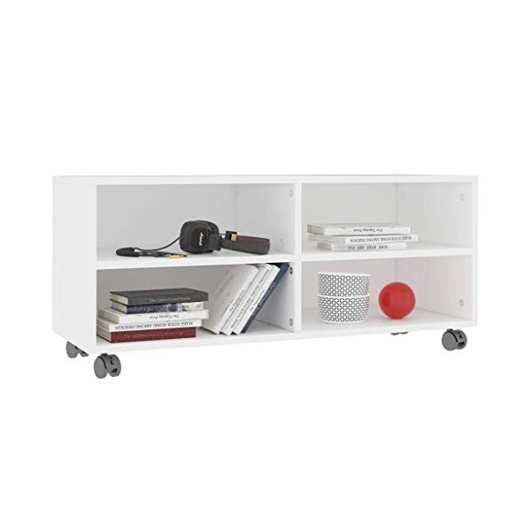 Tidyard Meuble TV avec 4 Compartiments Ouverts en Aggloméré avec roulettes Style Moderne Blanc 90 x 35 x 35 cm