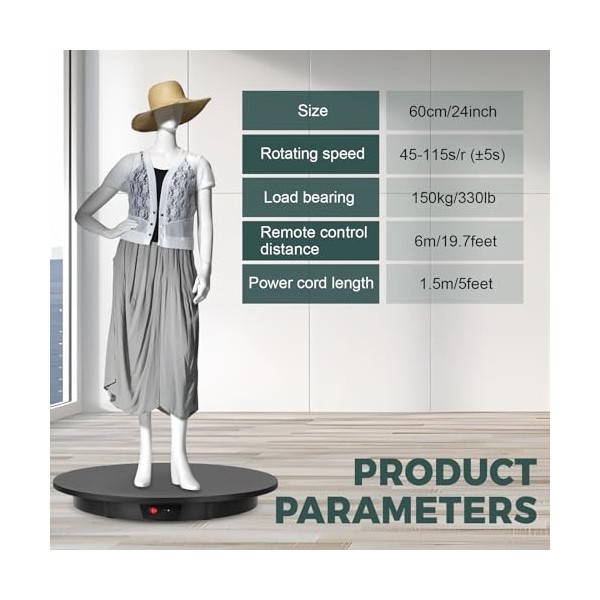 Flyrivergo Grand plateau tournant pour photographie 61 cm/150 kg - Support rotatif motorisé à 360 degrés avec télécommande - 