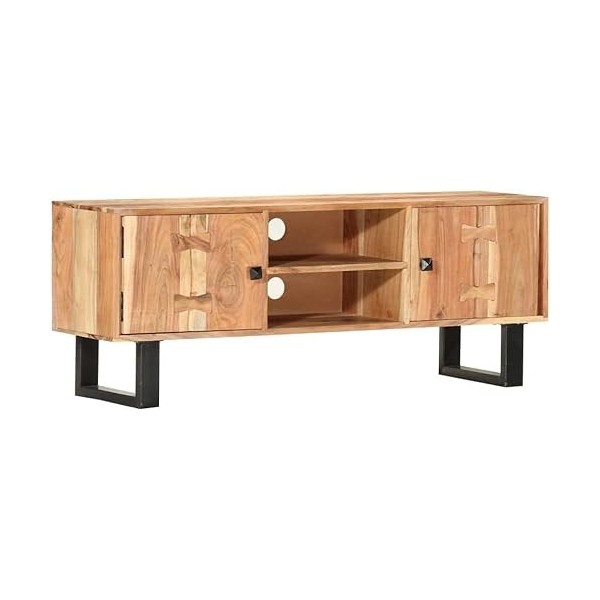 Meuble TV en Bois 2 Portes et 2 Compartiments Ouverts, Centre de Divertissement en Bois dacacia Massif Table de Console TV M