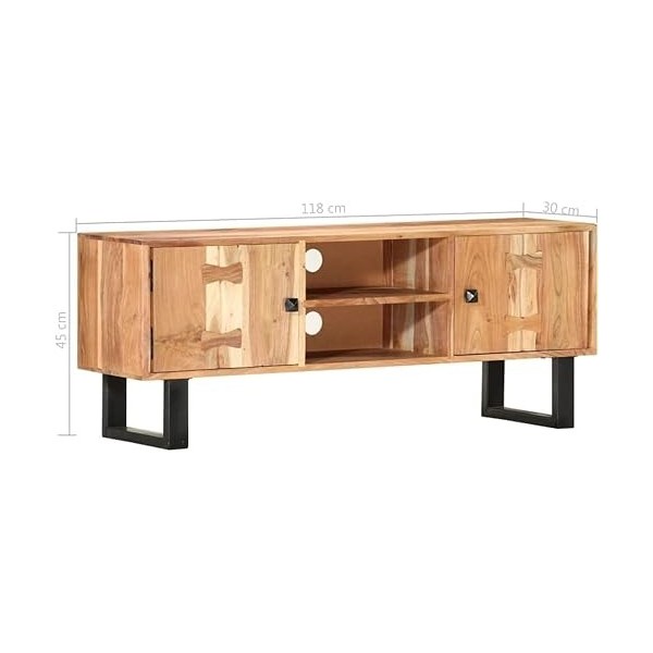 Meuble TV en Bois 2 Portes et 2 Compartiments Ouverts, Centre de Divertissement en Bois dacacia Massif Table de Console TV M