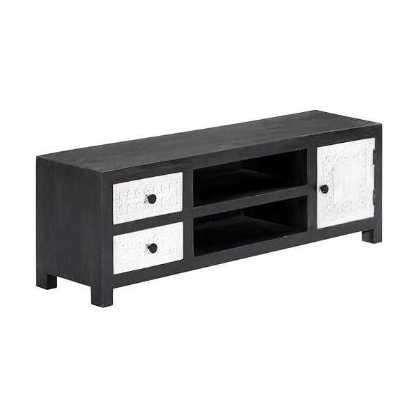 Suuim Meuble TV sculpté à la Main, 1 Porte, 2 tiroirs et 2 Compartiments, Centre de Divertissement en Bois Massif, Console TV