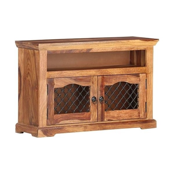 Meuble TV en Bois avec 2 Portes et 1 Compartiment, Centre de Divertissement en Bois de Sesham Massif, Table de Console TV, Me