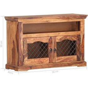 Meuble TV en Bois avec 2 Portes et 1 Compartiment, Centre de Divertissement en Bois de Sesham Massif, Table de Console TV, Me