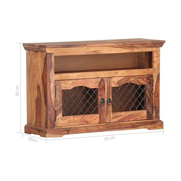 Meuble TV en Bois avec 2 Portes et 1 Compartiment, Centre de Divertissement en Bois de Sesham Massif, Table de Console TV, Me