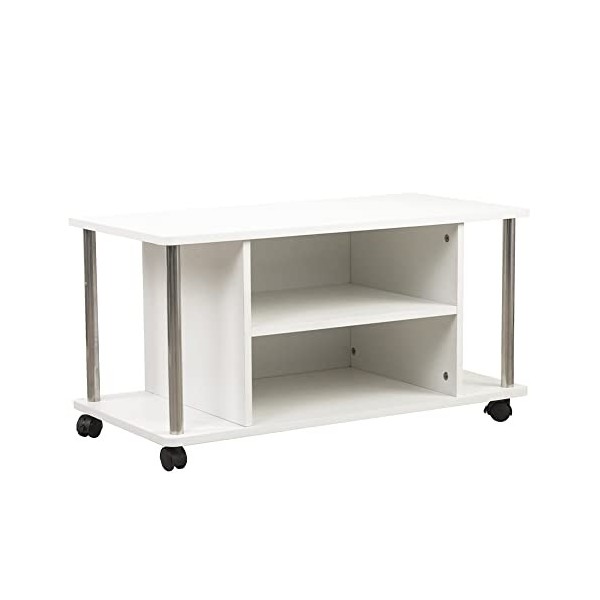 BAKAJI Meuble Blanc 4 Roues Porte télévision Bois MDF Chariot TV, dingénierie Métal, Medium