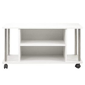 BAKAJI Meuble Blanc 4 Roues Porte télévision Bois MDF Chariot TV, dingénierie Métal, Medium