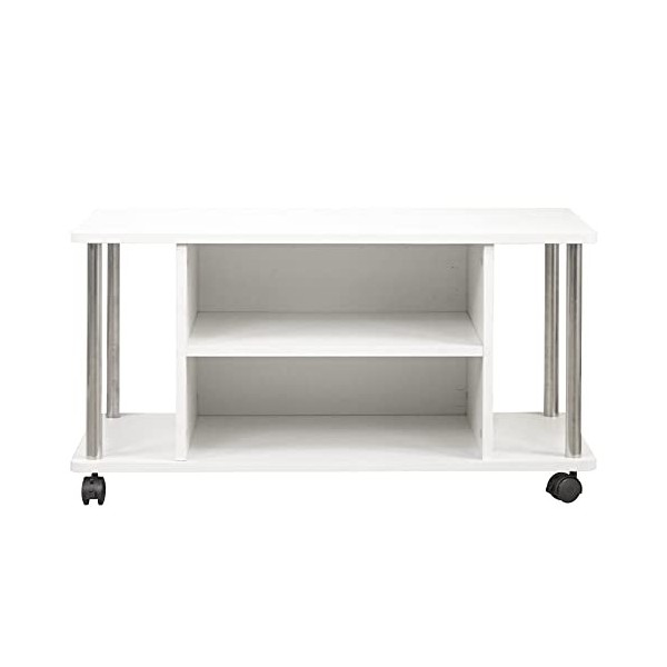BAKAJI Meuble Blanc 4 Roues Porte télévision Bois MDF Chariot TV, dingénierie Métal, Medium