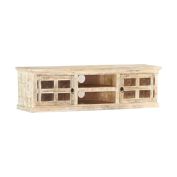 Suuim Meuble TV en Bois 2 Portes et 2 étagères avec Motif sculpté, Centre de Divertissement en Bois de manguier Massif Blanc,