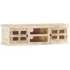 Suuim Meuble TV en Bois 2 Portes et 2 étagères avec Motif sculpté, Centre de Divertissement en Bois de manguier Massif Blanc,