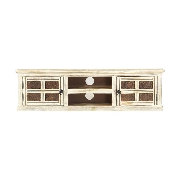 Suuim Meuble TV en Bois 2 Portes et 2 étagères avec Motif sculpté, Centre de Divertissement en Bois de manguier Massif Blanc,