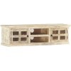 Suuim Meuble TV en Bois 2 Portes et 2 étagères avec Motif sculpté, Centre de Divertissement en Bois de manguier Massif Blanc,