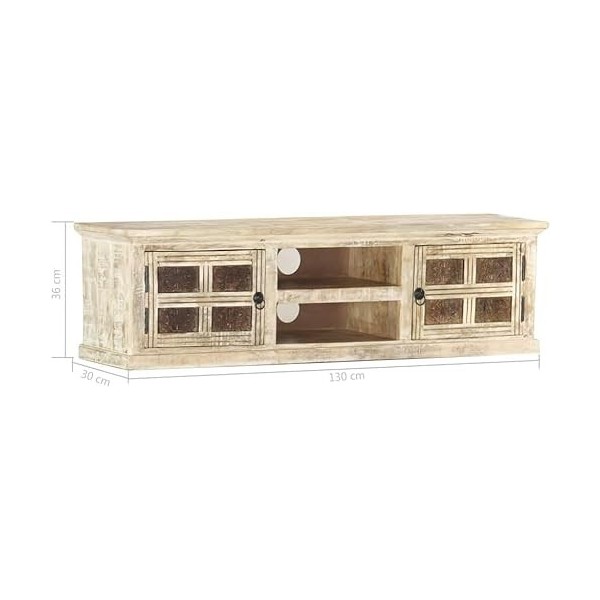 Suuim Meuble TV en Bois 2 Portes et 2 étagères avec Motif sculpté, Centre de Divertissement en Bois de manguier Massif Blanc,