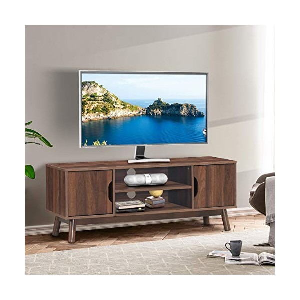 GIANTEX Meuble TV avec 2 étagères ouvertes et 2 placards avec portes, commode TV en bois, console multimédia TV noyer 