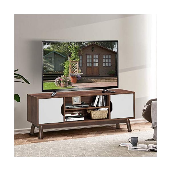 GIANTEX Meuble TV avec 2 étagères ouvertes et 2 placards avec portes, commode TV en bois, console multimédia TV noyer 