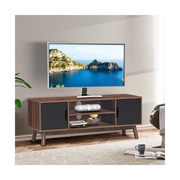GIANTEX Meuble TV avec 2 étagères ouvertes et 2 placards avec portes, commode TV en bois, console multimédia TV noyer 