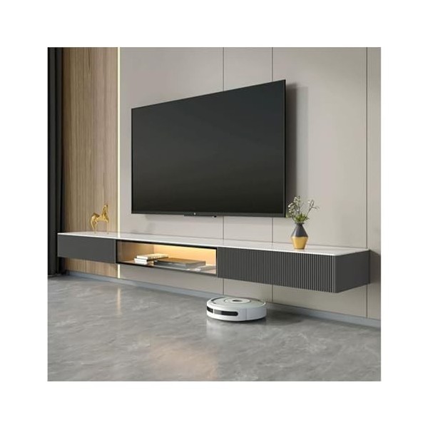 Meuble TV Suspendu Meuble TV flottant mural avec 2 tiroirs et 1 étagère, plateau en ardoise, centre de divertissement flottan