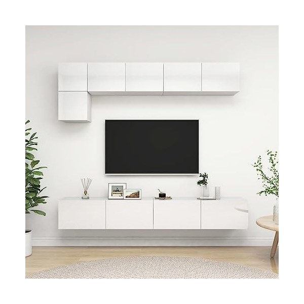 SEVSO Meuble TV 5 pièces en bois blanc brillant