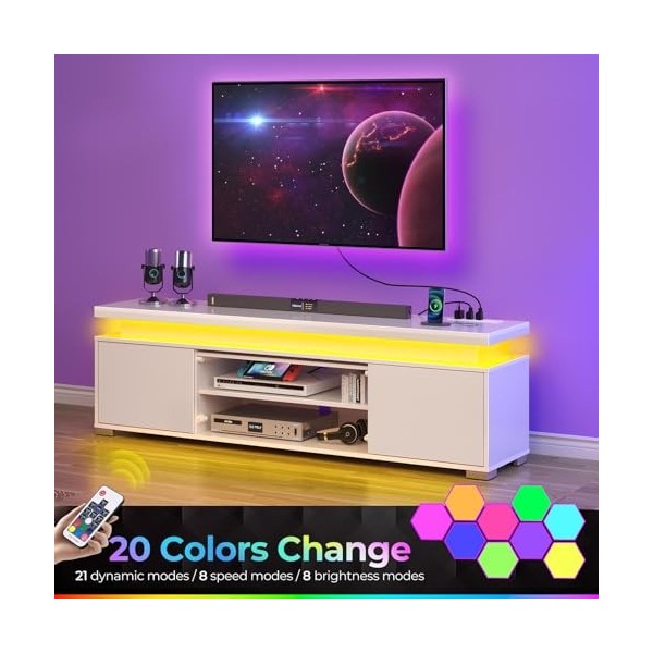 Rolanstar Meuble TV avec lumières LED et prise de courant, centre de divertissement moderne pour téléviseurs de 32/43/50/55/6