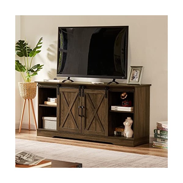 Okvnbjk Support TV de ferme pour télévision de 65 pouces, centre de divertissement avec porte de grange coulissante, meuble T