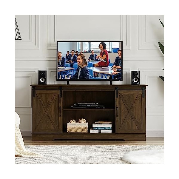 Okvnbjk Support TV de ferme pour télévision de 65 pouces, centre de divertissement avec porte de grange coulissante, meuble T