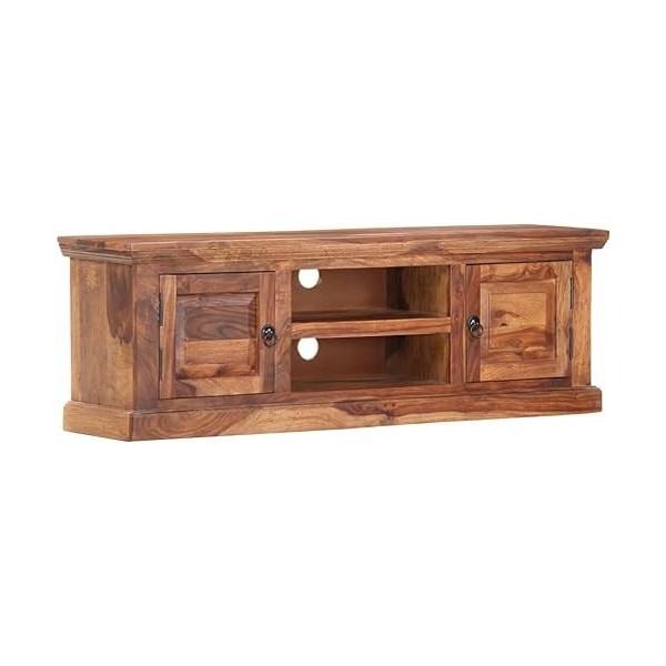 Wodoen Meuble TV avec 2 Portes et 2 Compartiments, Centre de Divertissement en Bois de Sheesham Massif, Table de Console TV, 