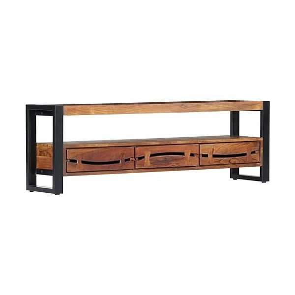 Meuble TV en Bois avec 3 Tiroirs et 1 Compartiment, Centre de Divertissement en Bois dacacia Massif, Table de Console TV, Me