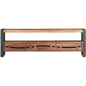 Meuble TV en Bois avec 3 Tiroirs et 1 Compartiment, Centre de Divertissement en Bois dacacia Massif, Table de Console TV, Me