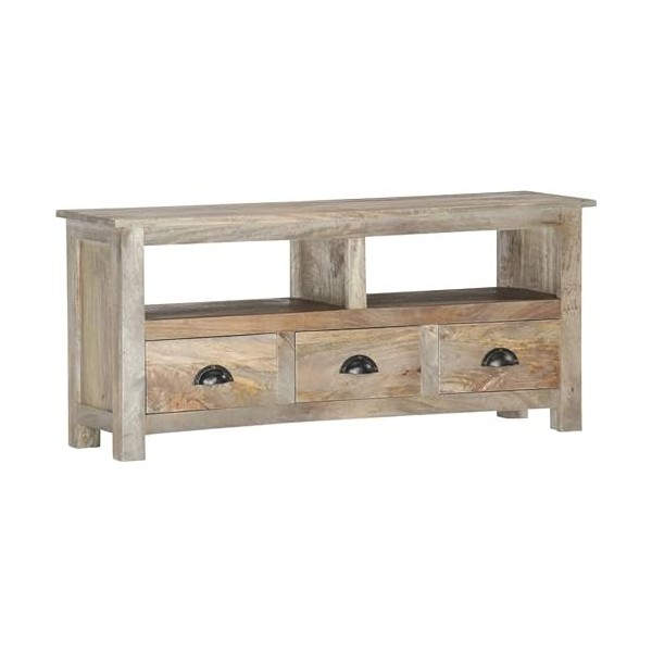 Suuim Meuble TV en Bois avec 2 étagères et 3 tiroirs, Centre de Divertissement en Bois de manguier Massif, Console TV, Meuble