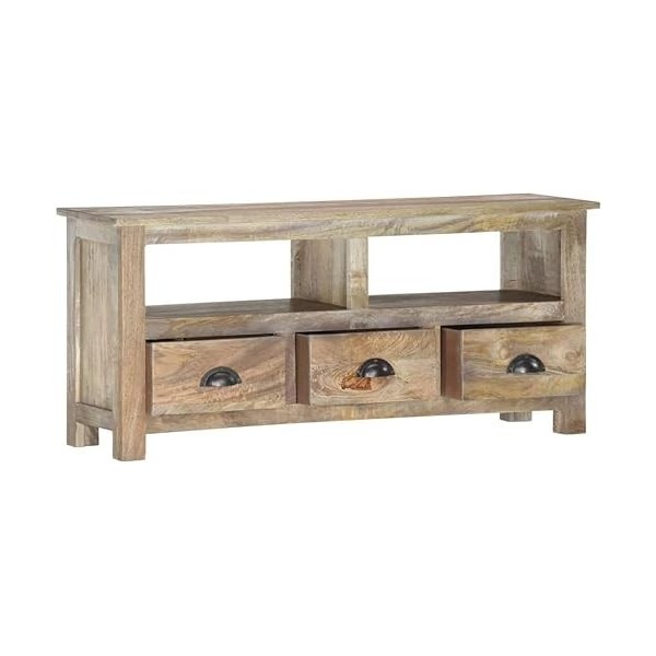 Suuim Meuble TV en Bois avec 2 étagères et 3 tiroirs, Centre de Divertissement en Bois de manguier Massif, Console TV, Meuble