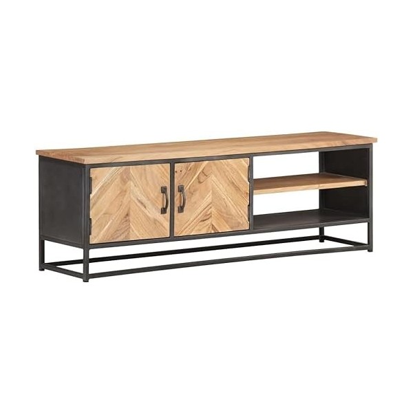 Suuim Meuble TV en Bois avec 2 Portes et 2 étagères, Centre de Divertissement en Bois dacacia Massif, Console TV, Meuble mul