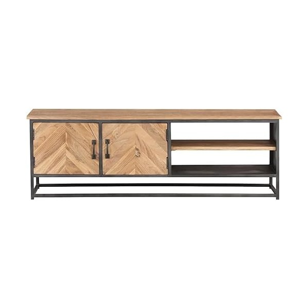 Suuim Meuble TV en Bois avec 2 Portes et 2 étagères, Centre de Divertissement en Bois dacacia Massif, Console TV, Meuble mul