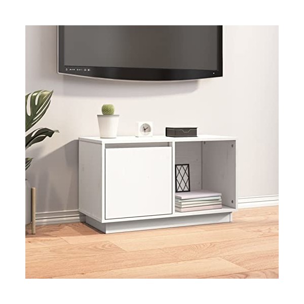 Meuble TV avec 2 Grands Compartiments, Meuble TV en Bois Massif, Meuble TV Moderne pour Salon, Meuble TV, Blanc 74x35x44 cm 