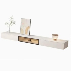 Meubles TV Meuble TV flottant simple et moderne à fixation murale avec porte rabattable en verre et tiroirs, centre de divert