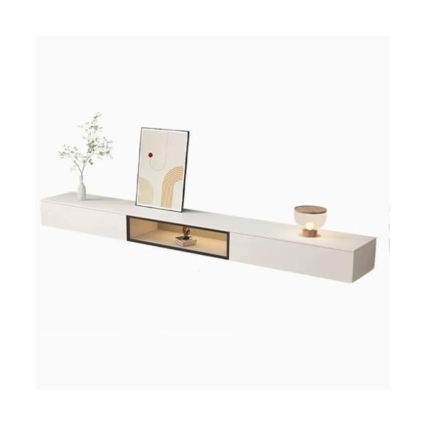Meubles TV Meuble TV flottant simple et moderne à fixation murale avec porte rabattable en verre et tiroirs, centre de divert