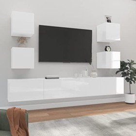 SEVSO Meuble TV 6 pièces en bois blanc brillant