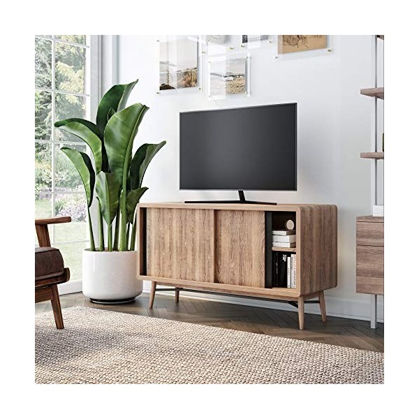 Nathan James Liam TV Moderne mi-siècle, Console multimédia ou Meuble de Divertissement avec Portes coulissantes, Panneau de P