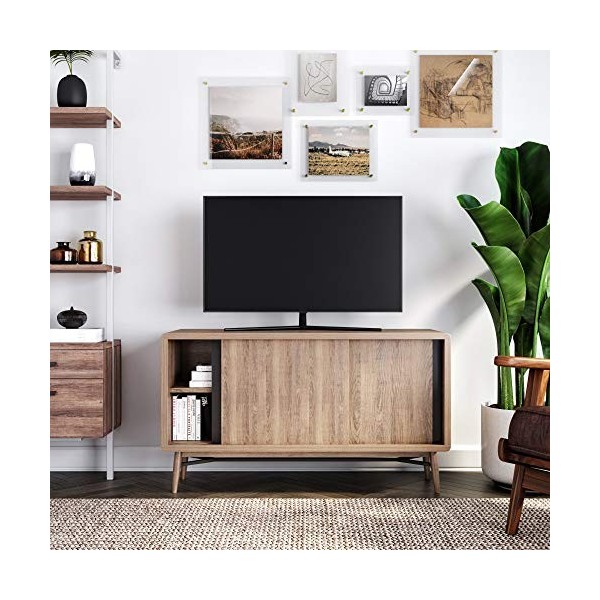 Nathan James Liam TV Moderne mi-siècle, Console multimédia ou Meuble de Divertissement avec Portes coulissantes, Panneau de P