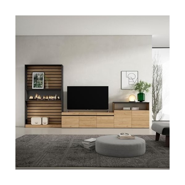 Skraut Home | Ensemble Meuble TV | Meuble Salon Complet | 360x186x35cm | pour Les TV jusquà 65" | Cheminée électrique | Styl