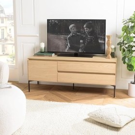 MAXENDRE - Meuble TV Naturel 1 Porte 2 tiroirs Pieds métal Noir